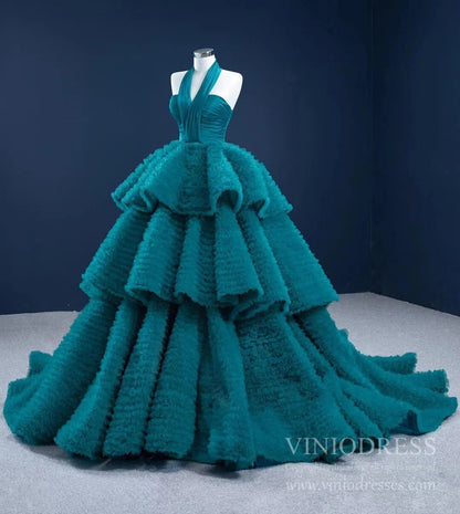Haute Couture Peacock Blue Quince Dress Halter Ball Gown Prom Dresses viniodress-Quinceanera Dresses 2025 -Viniodress-Peacock Blue-Custom Size-