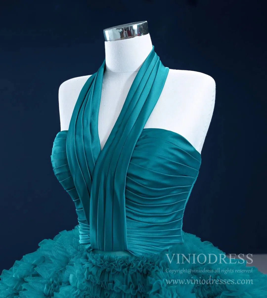 Haute Couture Peacock Blue Quince Dress Halter Ball Gown Prom Dresses viniodress-Quinceanera Dresses 2025 -Viniodress-Peacock Blue-Custom Size-