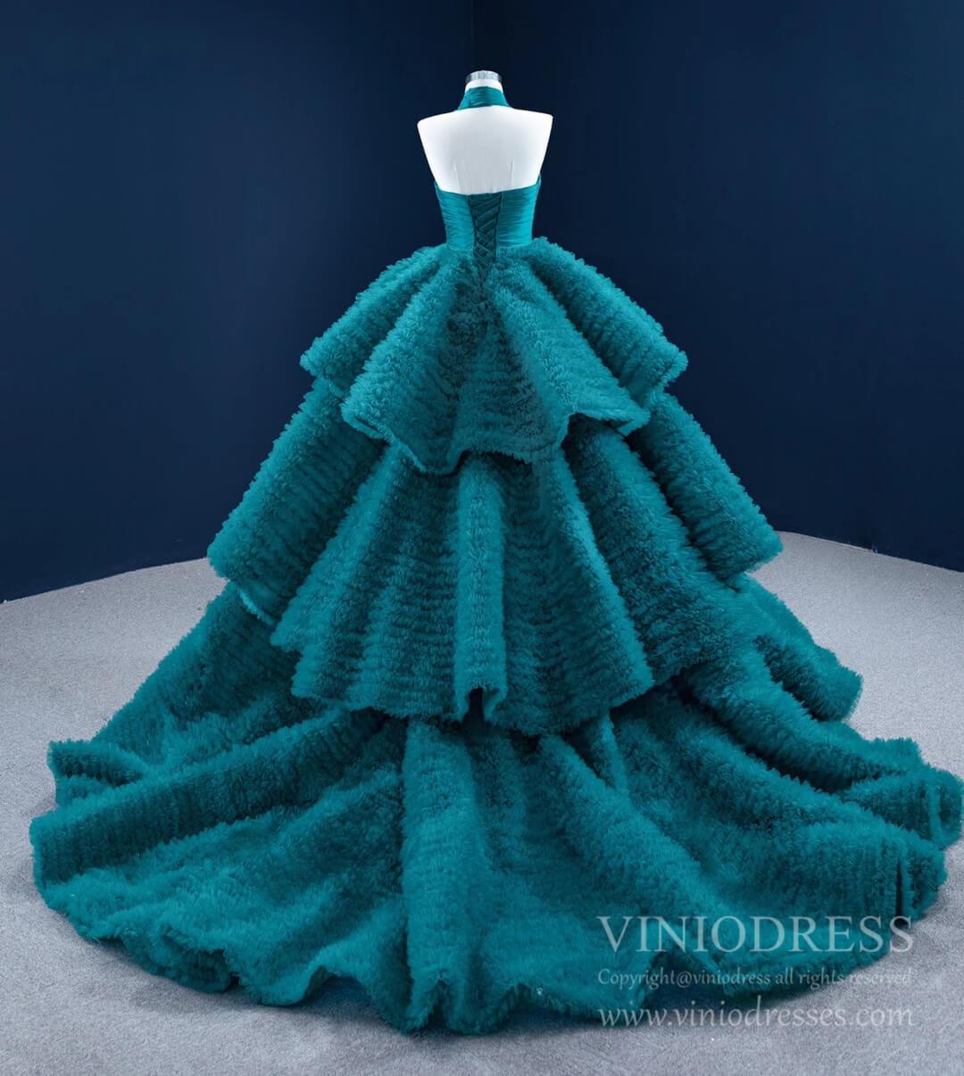 Prom Dress 2025 Haute Couture Peacock Blue Quince Dress Halter Ball Gown Prom Dresses viniodress-unique Quinceanera Dresses-Peacock Blue-Custom Size-Viniodress