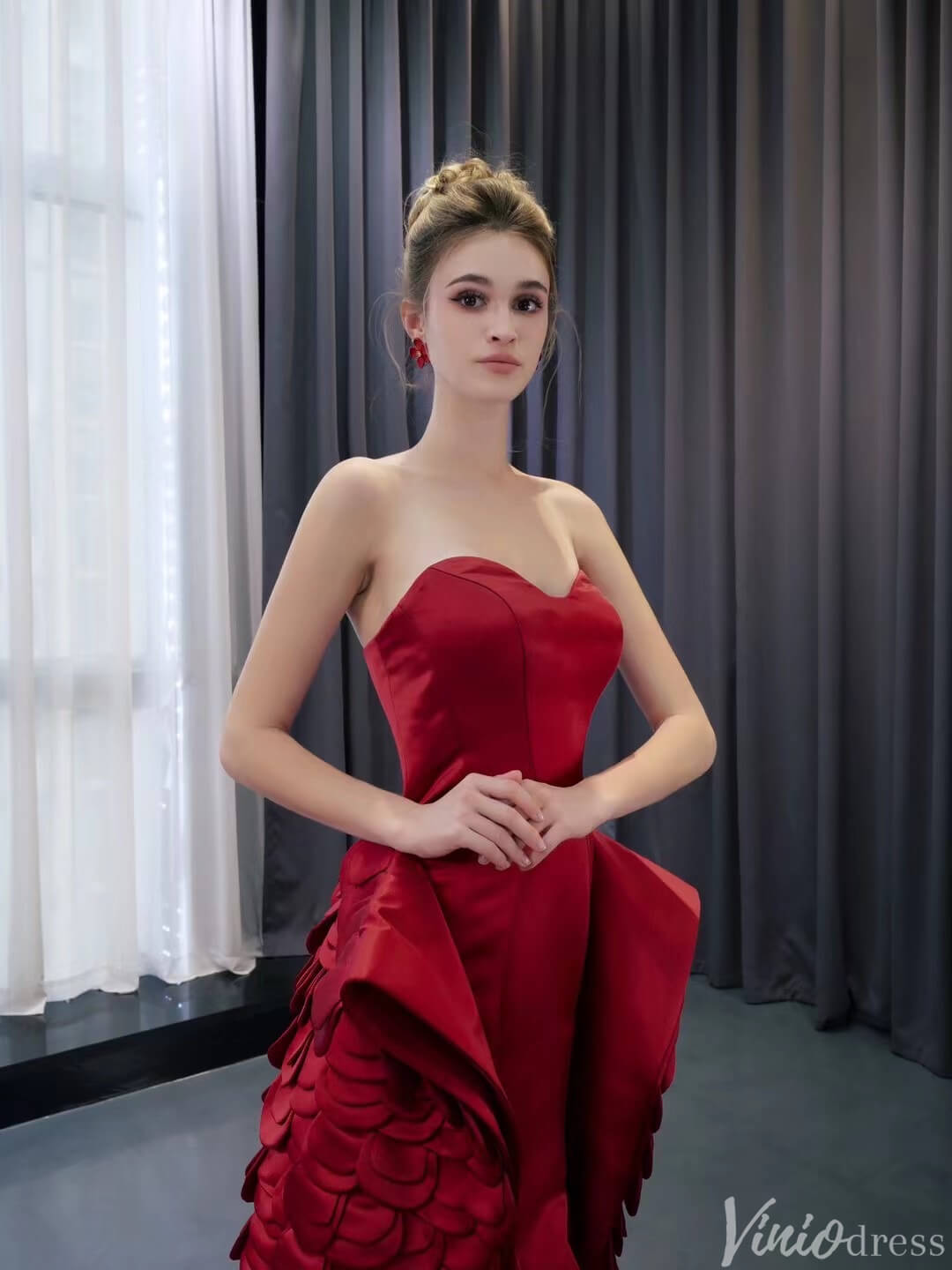 Haute Couture Red Mermaid Wedding Dresses Tiered Petal Pageant Gown 241096-Prom Dresses 2025 -Viniodress-Red-Custom Size-