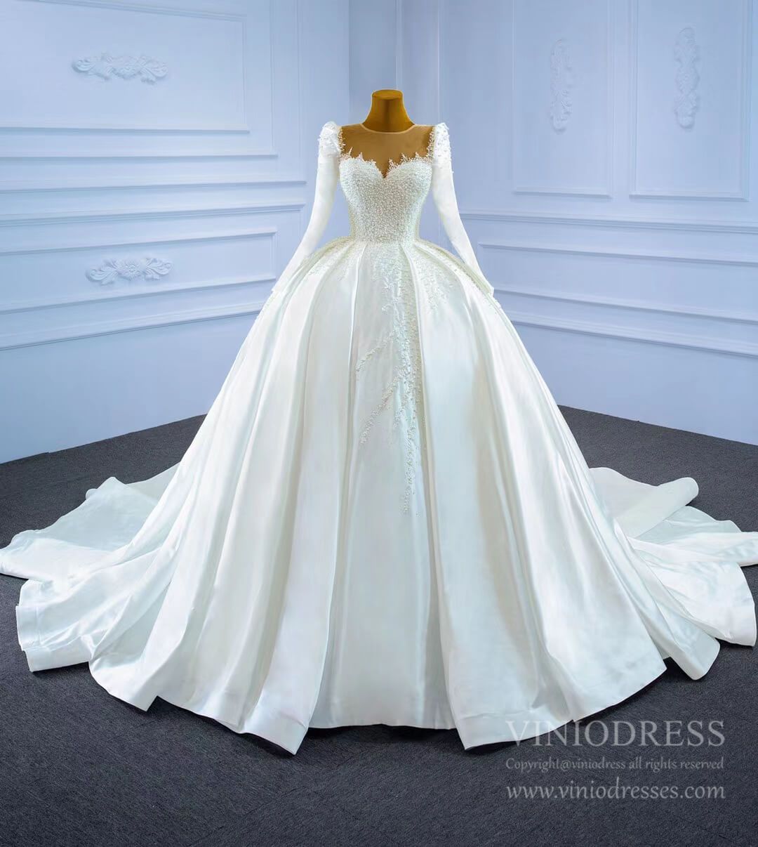 Haute Couture Satin Ball Gown Wedding Dress with Sleeves 67259-wedding dresses-Viniodress-Viniodress