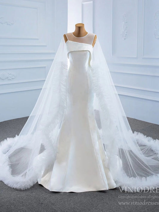 Haute Couture Satin Mermaid Wedding Dresses with Cape 67090-wedding dresses 2025 -Viniodress-Ivory-Custom Size-
