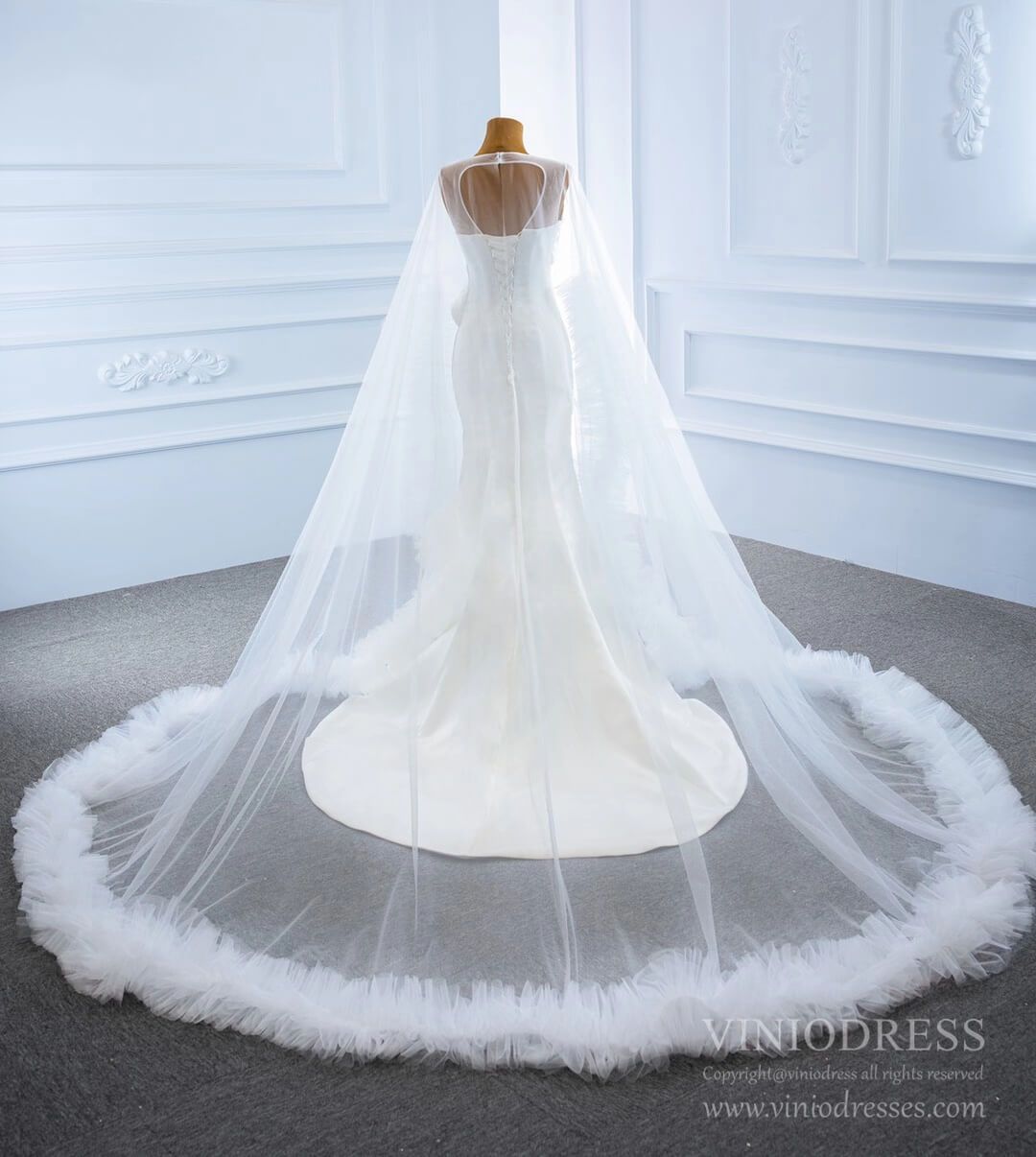 Haute Couture Satin Mermaid Wedding Dresses with Cape 67090-wedding dresses 2025 -Viniodress-Ivory-Custom Size-