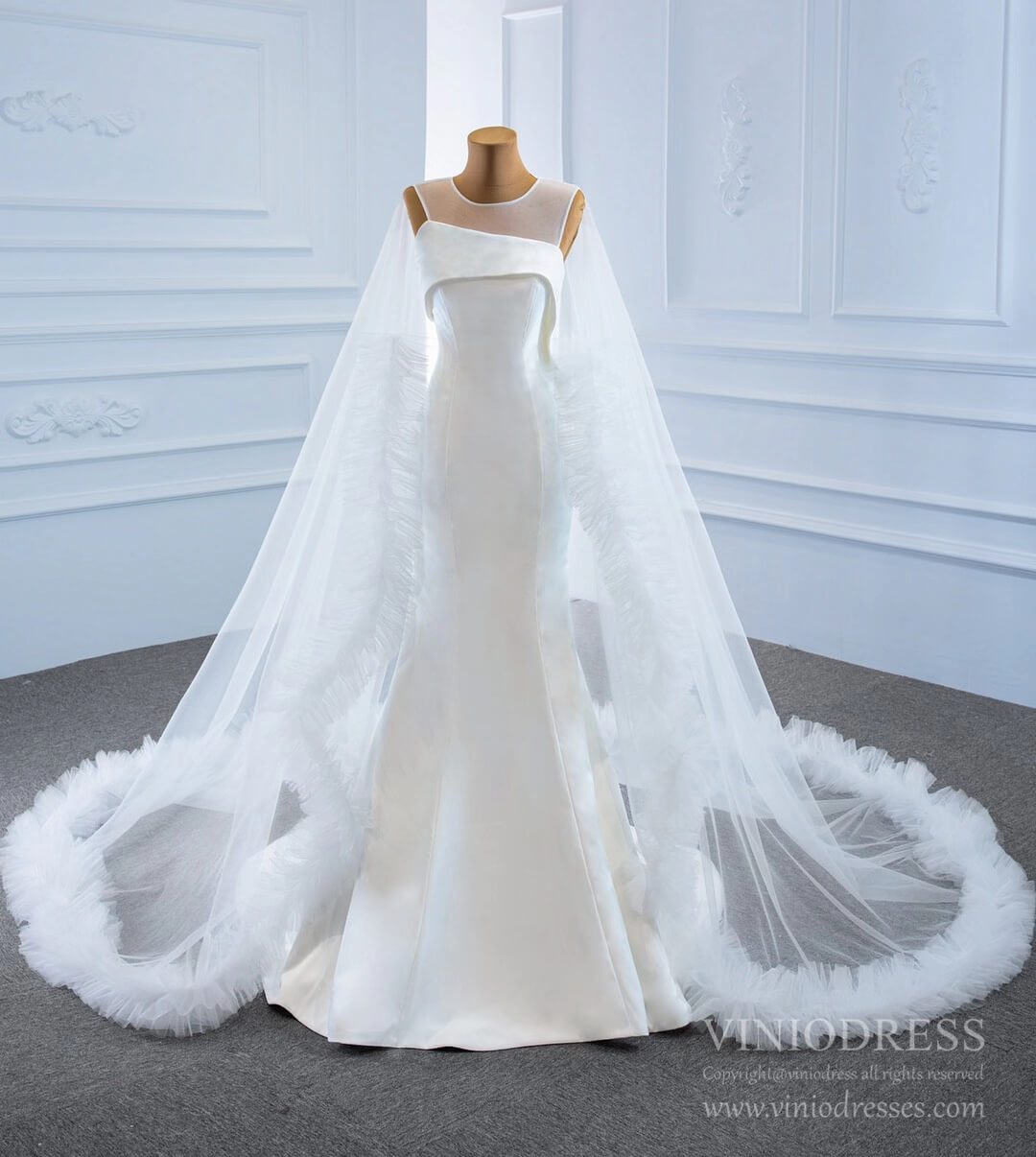 Haute Couture Satin Mermaid Wedding Dresses with Cape 67090-wedding dresses 2025 -Viniodress-Ivory-Custom Size-