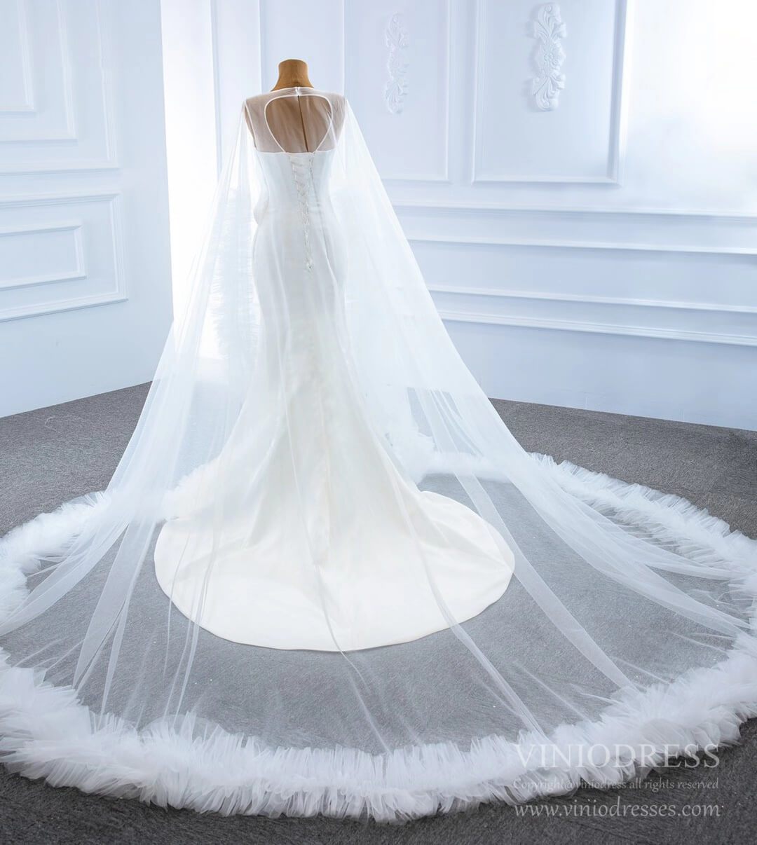 Haute Couture Satin Mermaid Wedding Dresses with Cape 67090-wedding dresses 2025 -Viniodress-Ivory-Custom Size-