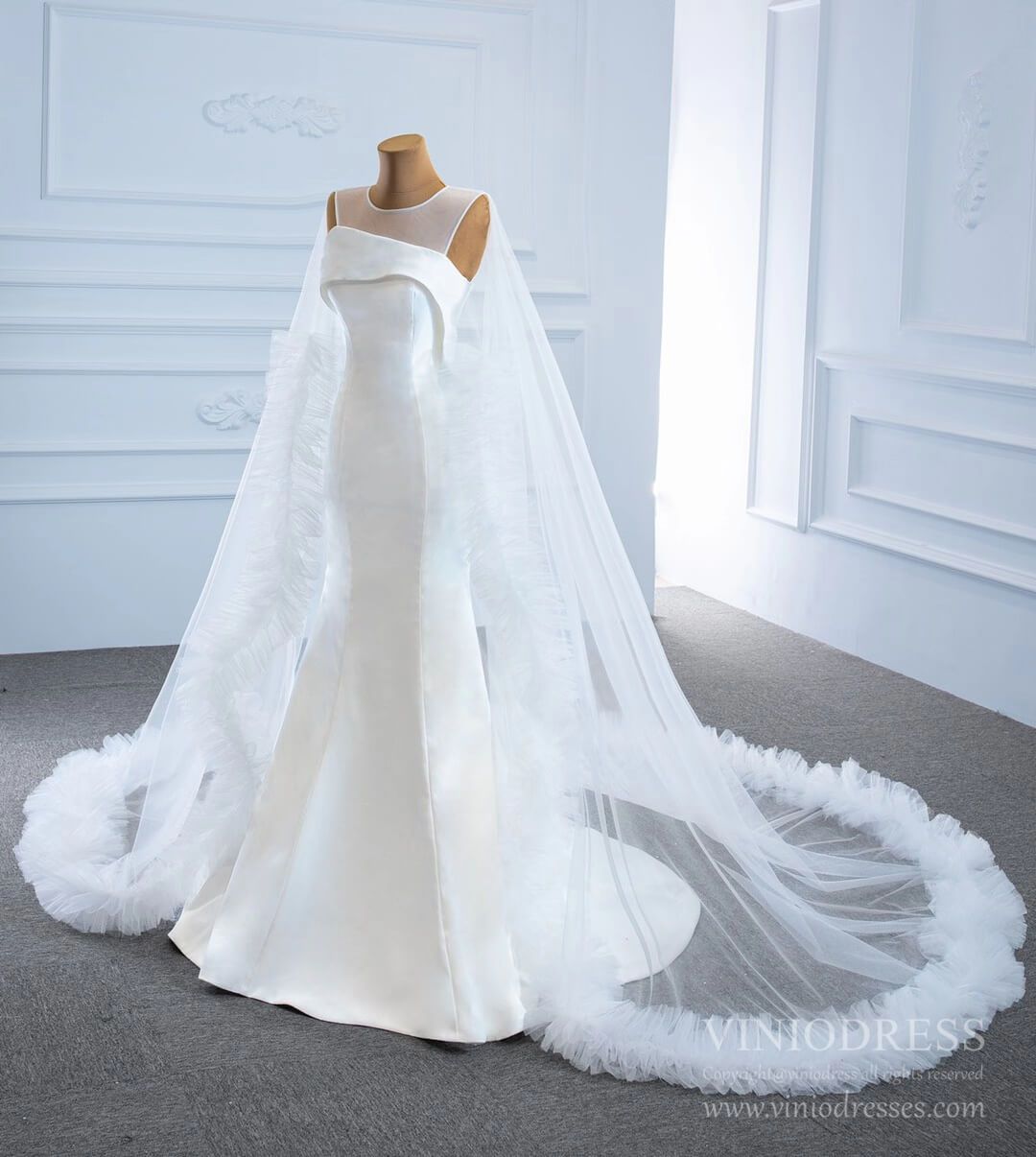 Haute Couture Satin Mermaid Wedding Dresses with Cape 67090-wedding dresses 2025 -Viniodress-Ivory-Custom Size-