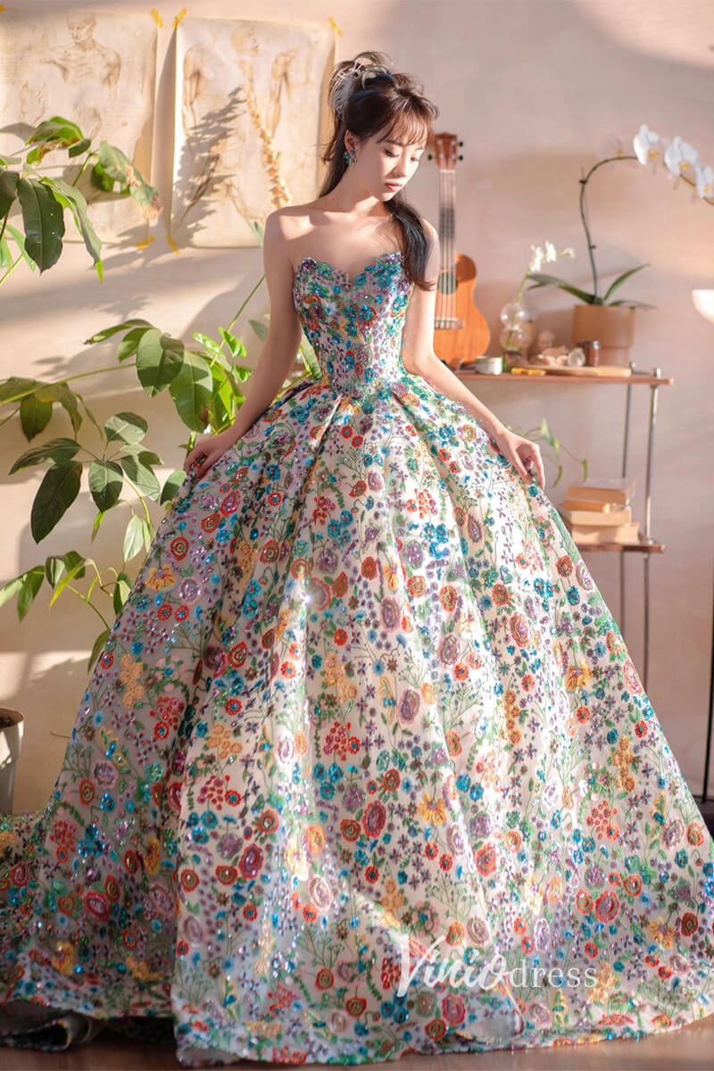 Haute Couture Sequin Floral Ball Gowns Strapless Blue Wedding Dress FD1835 - ViniodressQuinceanera DressesBlueCustom Size - Formal Dresses - Ball Gowns