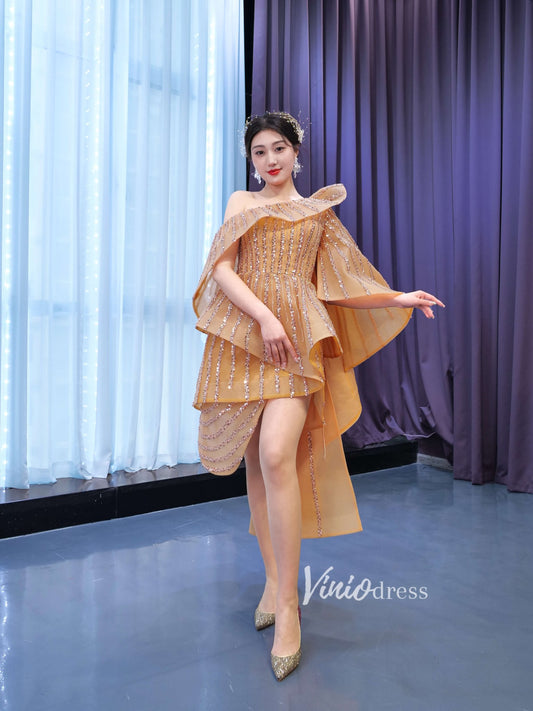 Haute Couture Short Formal Dress Beaded Gold Pageant Dresses 67442-prom dresses 2025 -Viniodress-Gold-Custom Size-