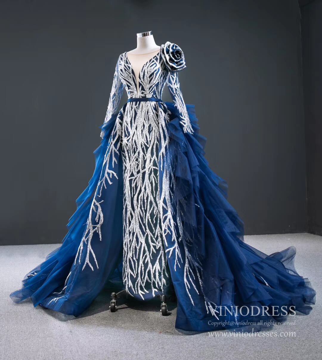 Prom Dress 2025 Haute Couture Silver & Blue Prom Dresses with Long Sleeves FD2409 viniodress-unique prom dresses-Blue-Custom Size-Viniodress