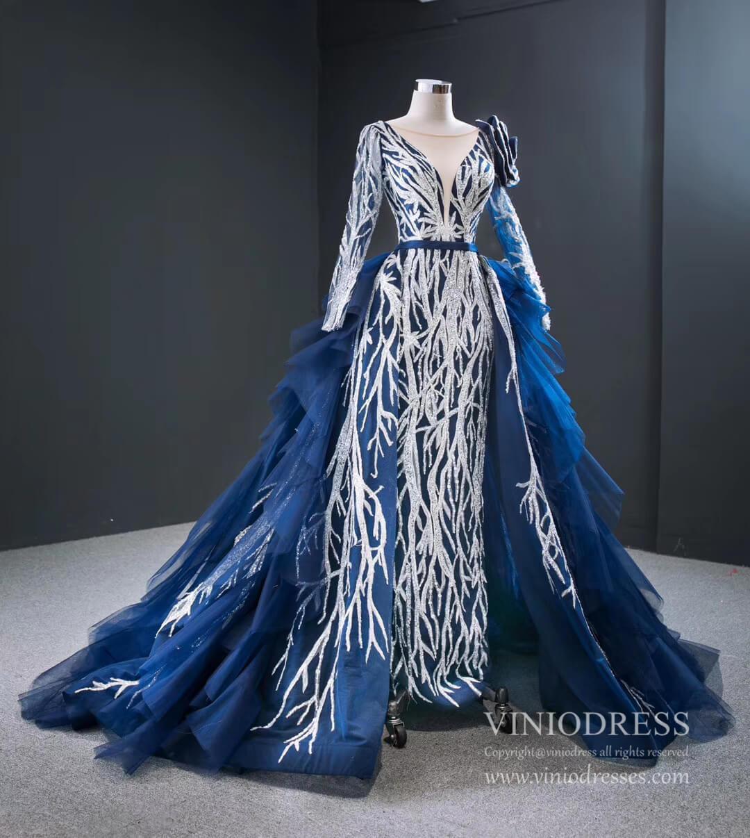 Prom Dress 2025 Haute Couture Silver & Blue Prom Dresses with Long Sleeves FD2409 viniodress-unique prom dresses-Blue-Custom Size-Viniodress