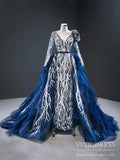 Prom Dress 2025 Haute Couture Silver & Blue Prom Dresses with Long Sleeves FD2409 viniodress-unique prom dresses-Blue-Custom Size-Viniodress