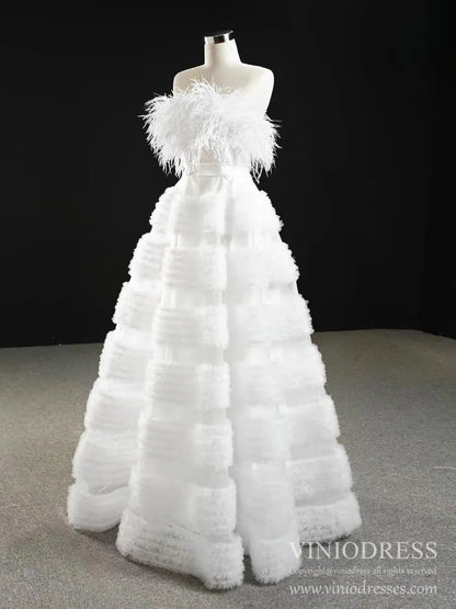 Haute Couture Tiered Wedding Dresses Rose Pink Feather Prom Dress FD2417 viniodress-prom dresses 2025 -Viniodress-Ivory-Custom Size-