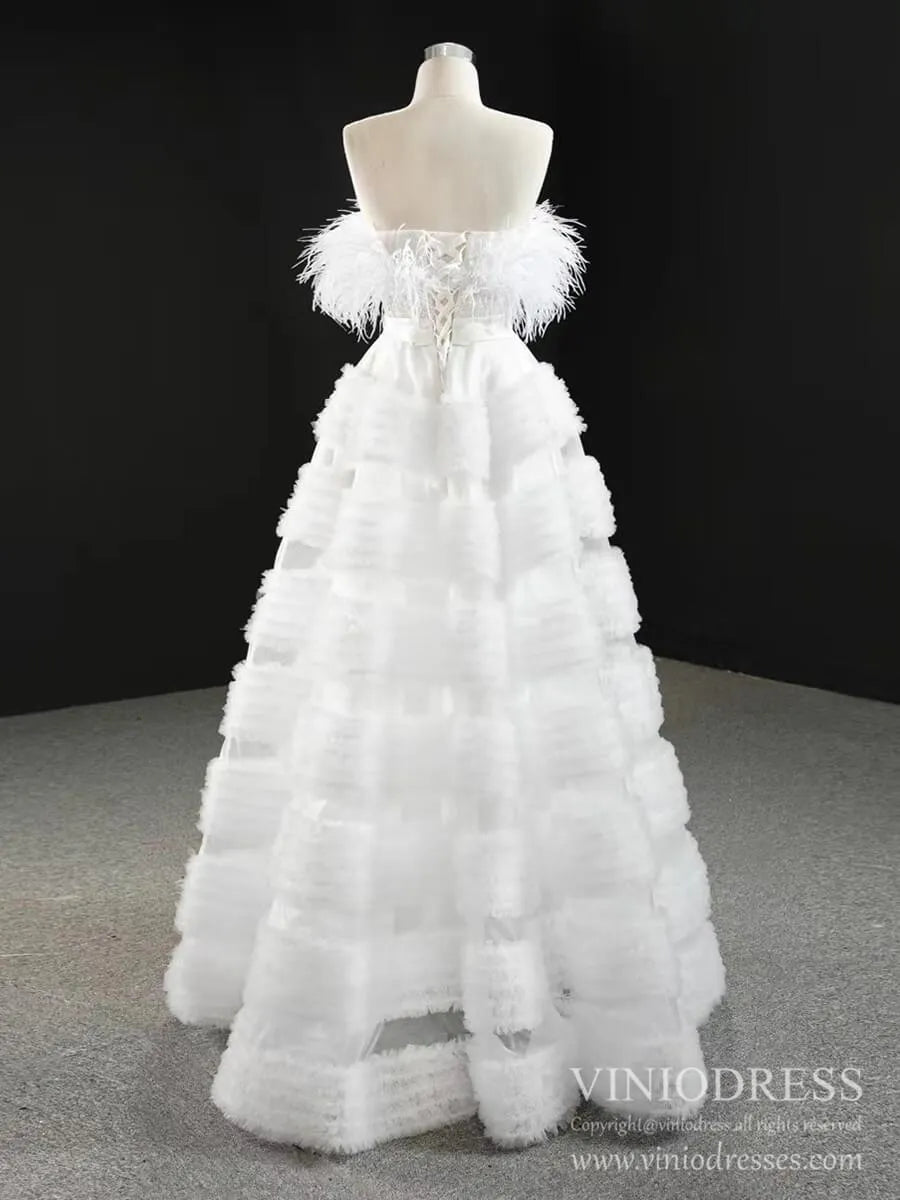 Haute Couture Tiered Wedding Dresses Rose Pink Feather Prom Dress FD2417 viniodress-prom dresses 2025 -Viniodress-Rose Pink-Custom Size-