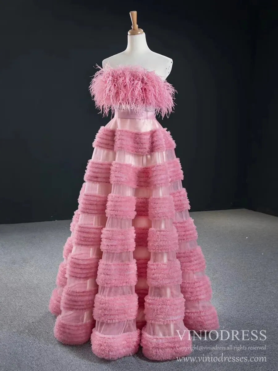 Haute Couture Tiered Wedding Dresses Rose Pink Feather Prom Dress FD2417 viniodress-prom dresses 2025 -Viniodress-Rose Pink-Custom Size-