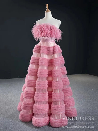 Haute Couture Tiered Wedding Dresses Rose Pink Feather Prom Dress FD2417 viniodress-prom dresses 2025 -Viniodress-Rose Pink-Custom Size-