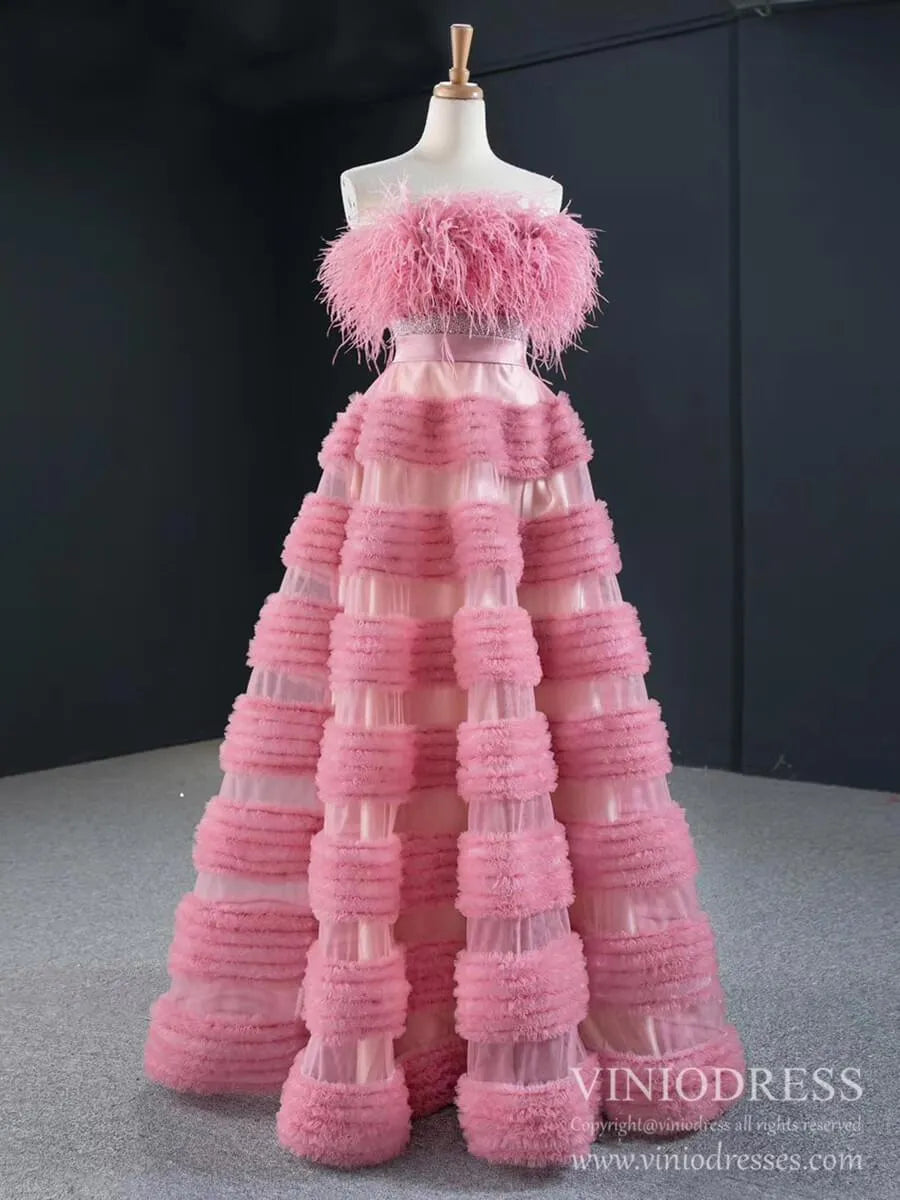 Haute Couture Tiered Wedding Dresses Rose Pink Feather Prom Dress FD2417 viniodress-prom dresses 2025 -Viniodress-Rose Pink-Custom Size-