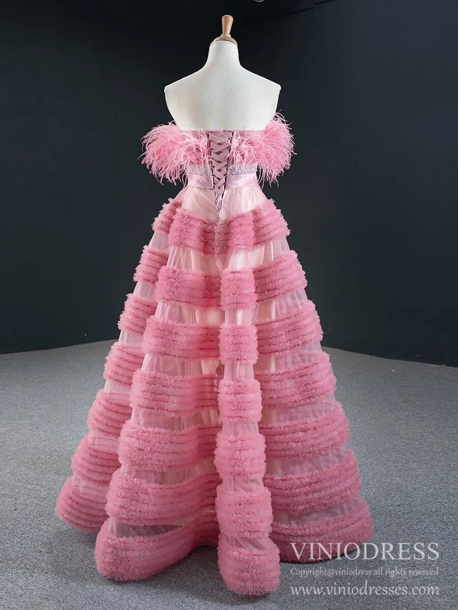 Haute Couture Tiered Wedding Dresses Rose Pink Feather Prom Dress FD2417 viniodress-prom dresses 2025 -Viniodress-Rose Pink-Custom Size-