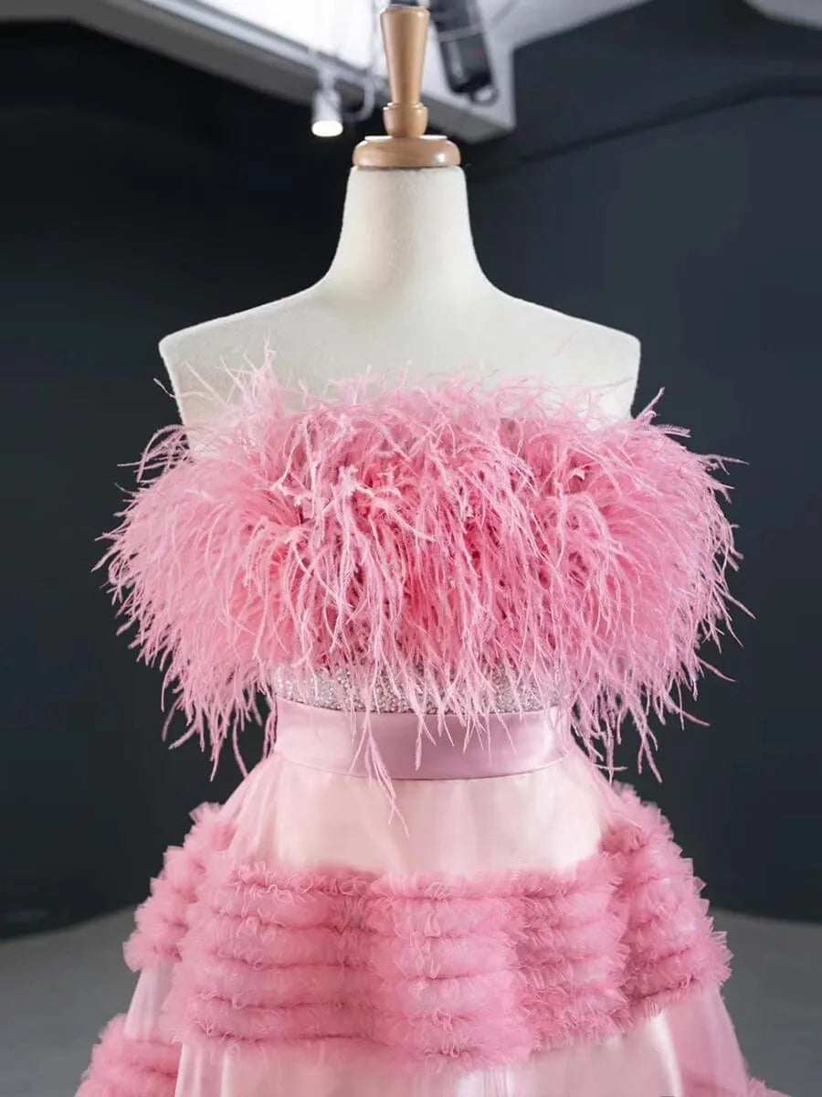 Haute Couture Tiered Wedding Dresses Rose Pink Feather Prom Dress FD2417 viniodress-prom dresses 2025 -Viniodress-Rose Pink-Custom Size-