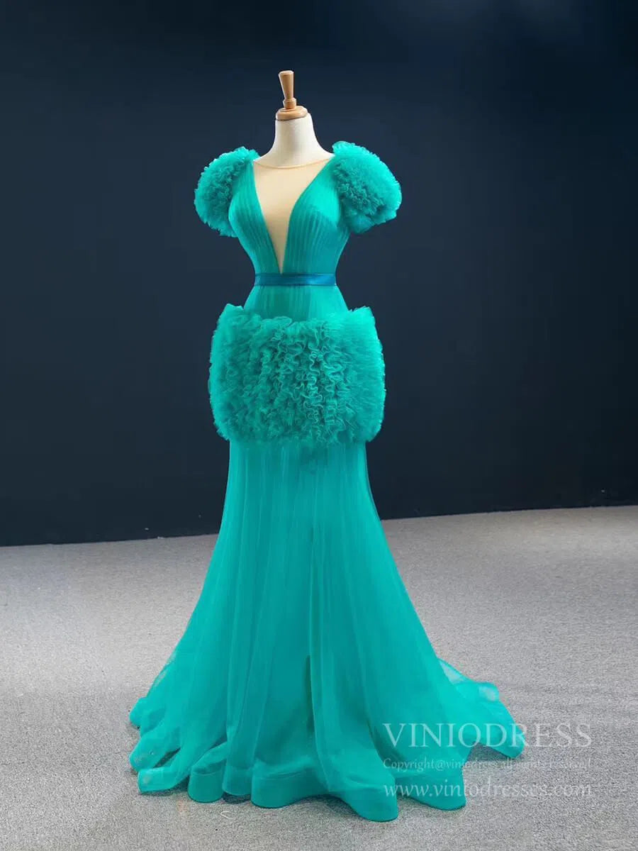 Haute Couture TurquoiseFromal Dresses Ruffle Prom Dress FD2435 viniodress-prom dresses 2025 -Viniodress-As Picture-Custom Size-