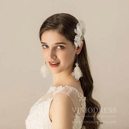 Headpiece Set Organza Flower Bridal Comb and Earrings AC1209-Headpieces 2025 -Viniodress-Comb&Earrings-