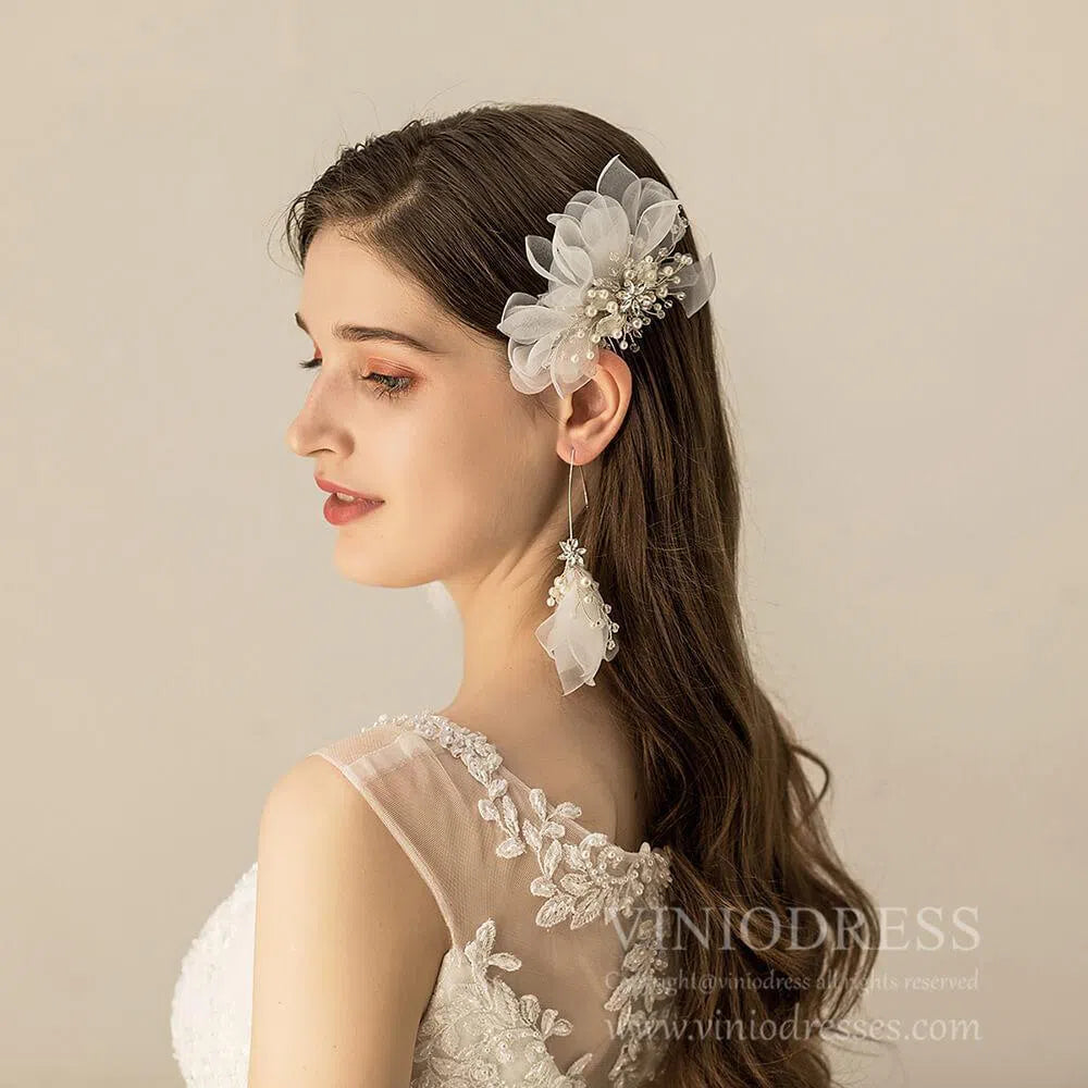Headpiece Set Organza Flower Bridal Comb and Earrings AC1209-Headpieces 2025 -Viniodress-Comb&Earrings-