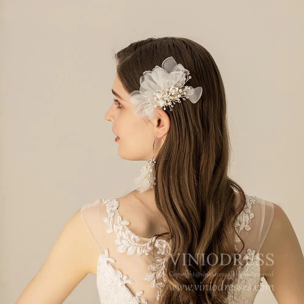 Headpiece Set Organza Flower Bridal Comb and Earrings AC1209-Headpieces-Viniodress-Viniodress