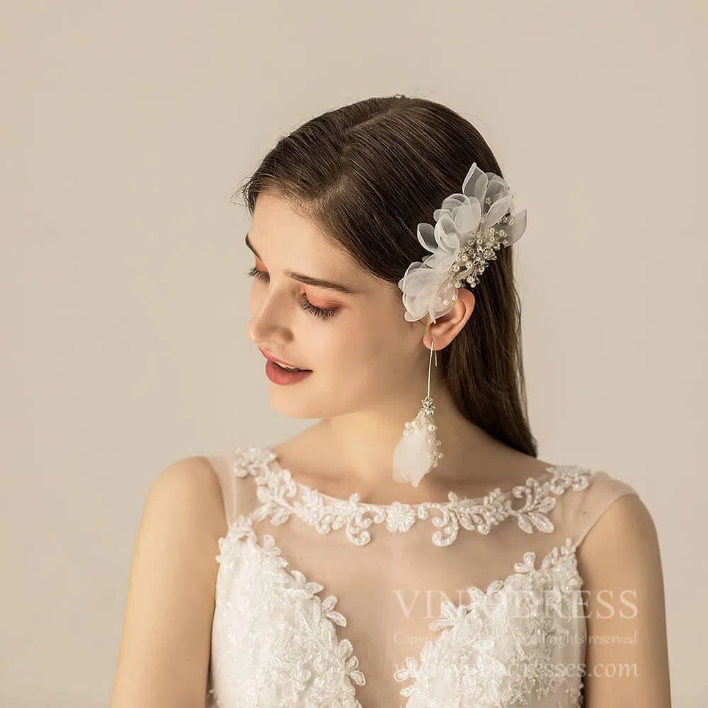 Headpiece Set Organza Flower Bridal Comb and Earrings AC1209-Headpieces-Viniodress-Viniodress