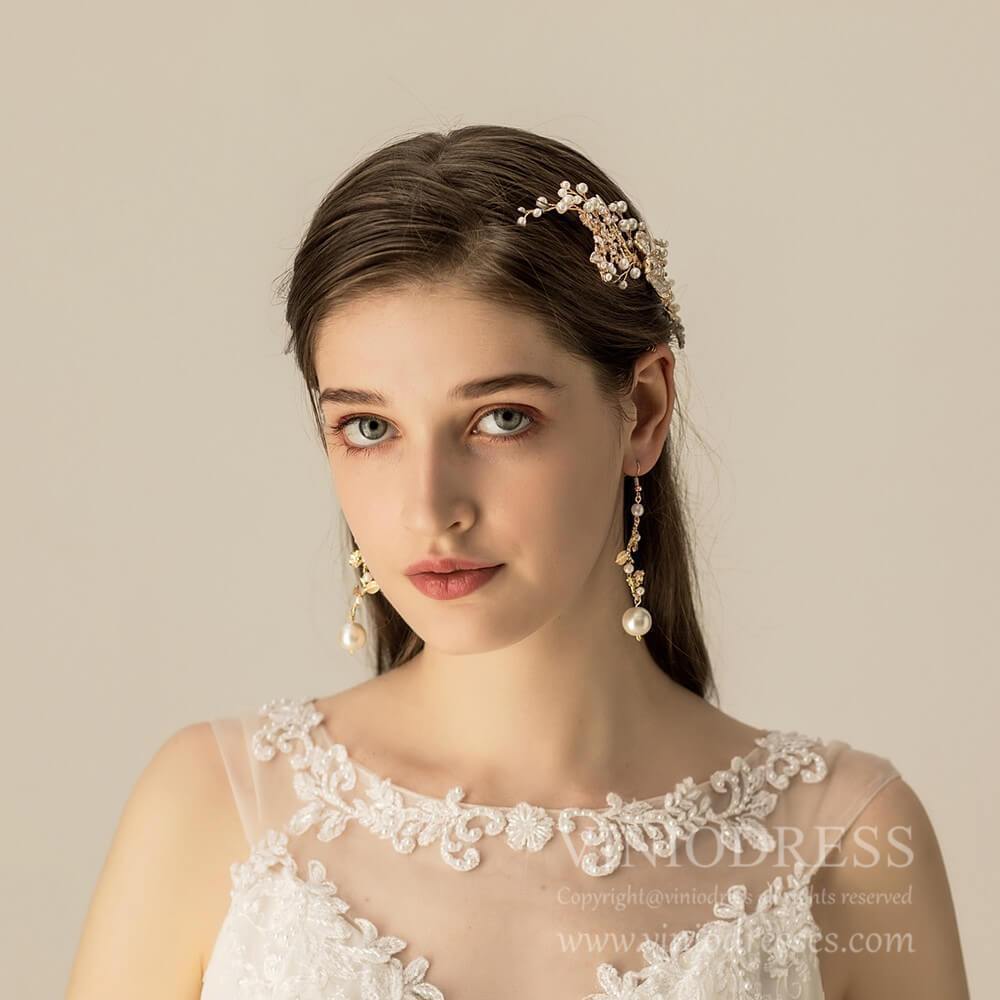 Blooming Pearl Spray Bridal Comb AC1202-Headpieces-Viniodress-Gold-Viniodress