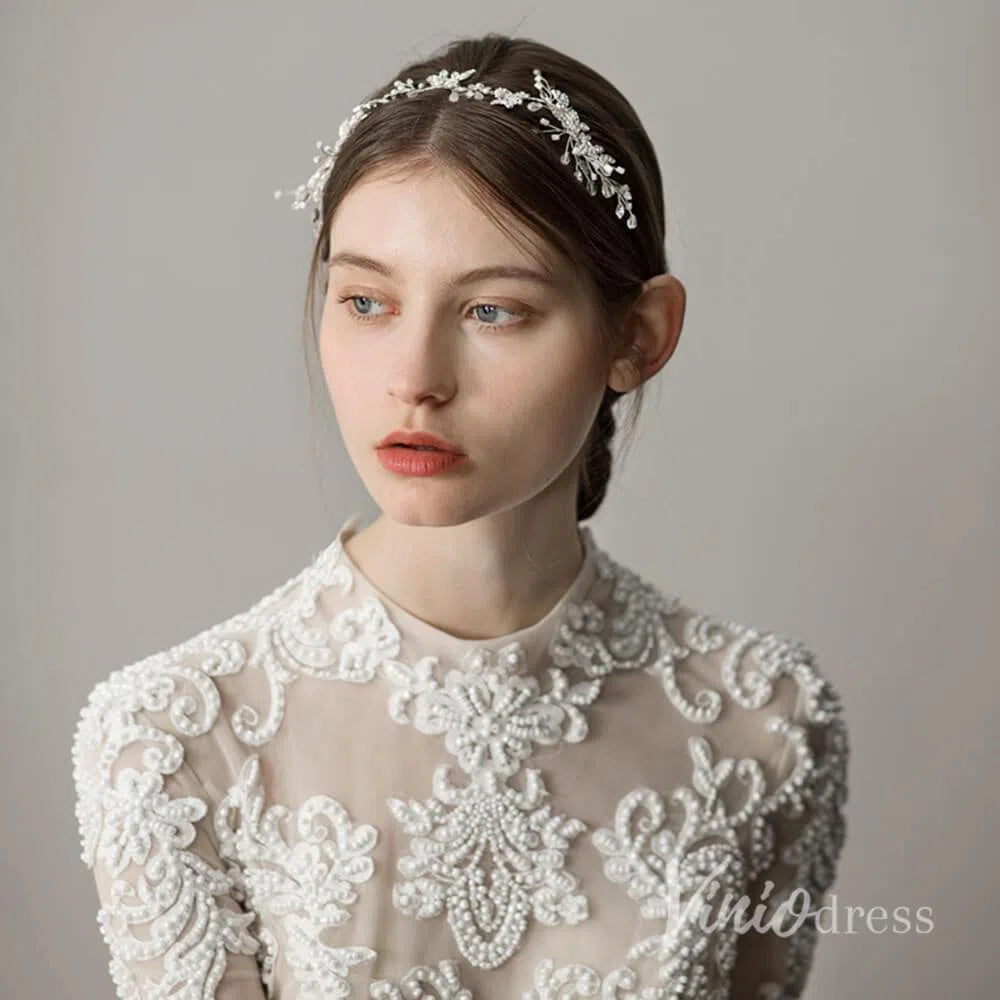 Crystal and Pearl Sprig Silver Headband with Combs ACC1139-Headpieces-Viniodress-Silver-Viniodress