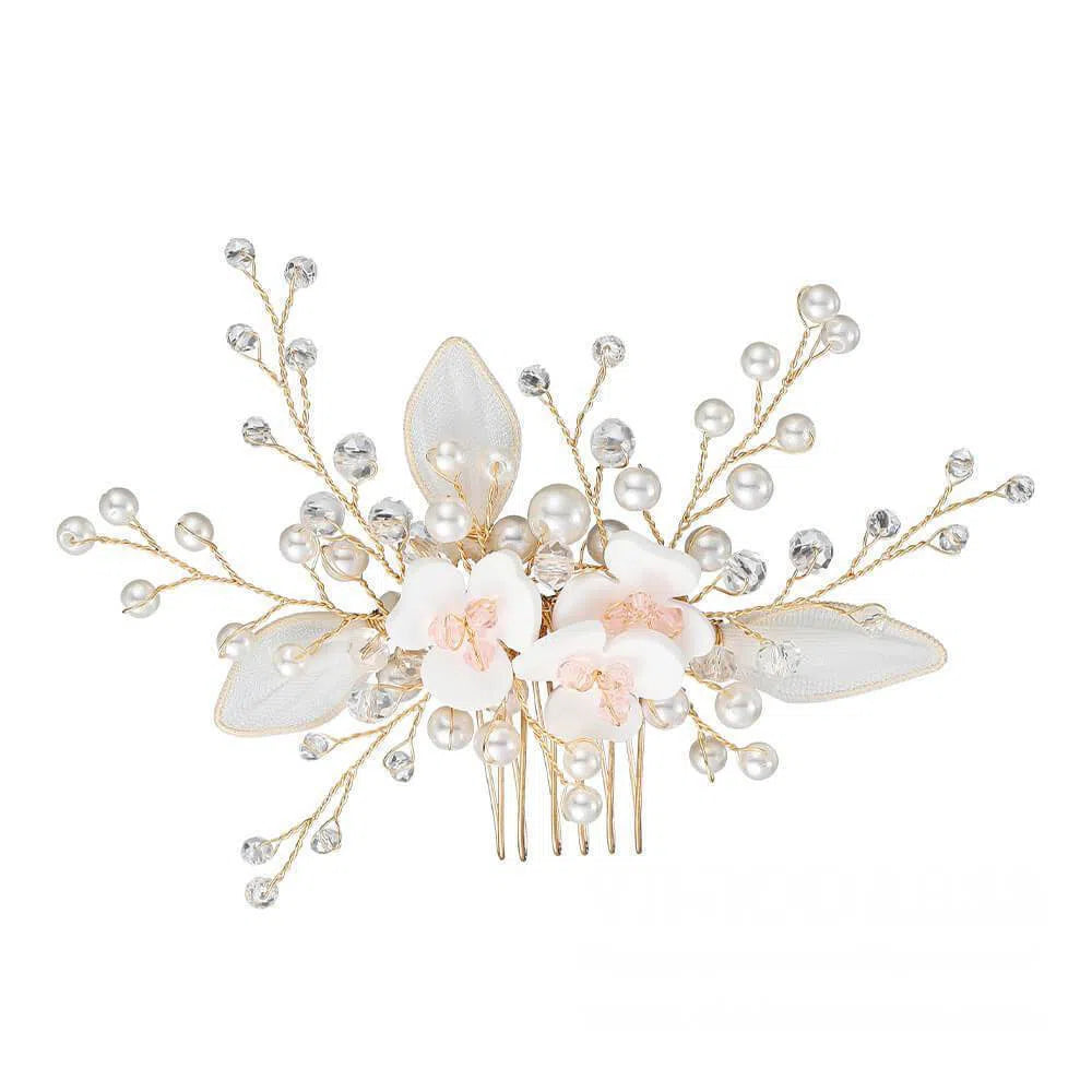 Crystal Pearl Spray Bridal Comb with Flowers AC1041-Headpieces-Viniodress-Gold-Viniodress