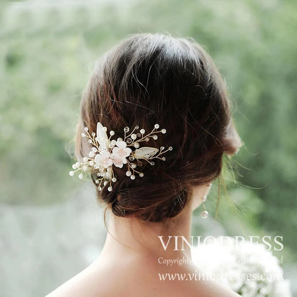 Crystal Pearl Spray Bridal Comb with Flowers AC1041-Headpieces-Viniodress-Gold-Viniodress