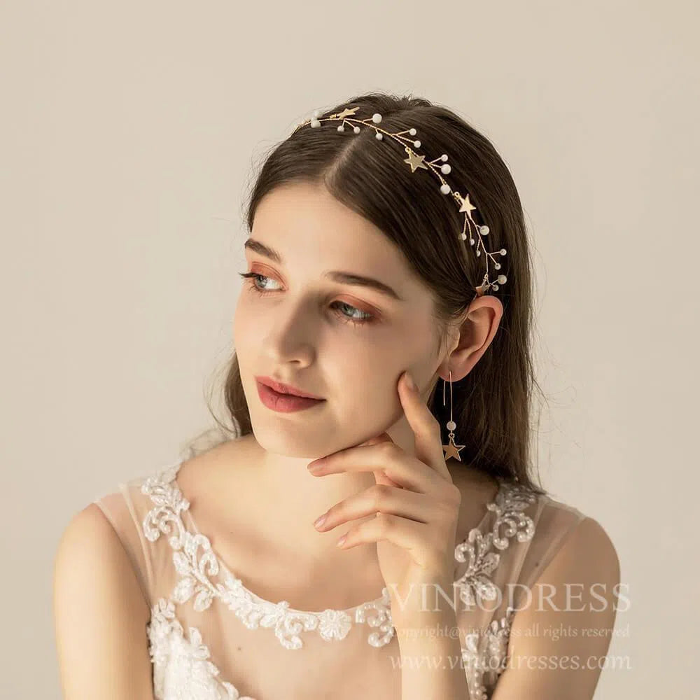 Glitter Star Pearl Headband and Eearrings Set AC1098-Headpieces-Viniodress-Headband&Earrings-Viniodress