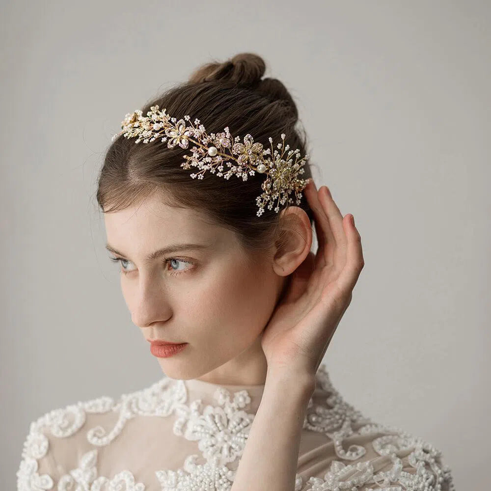 Gold Crystal and Pearl Headpiece Headband ACC1119-Headpieces-Viniodress-Gold-Viniodress