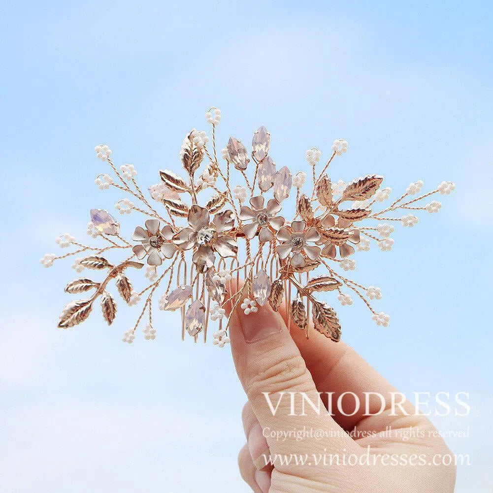 Gold Leaf Bridal Comb with Flower Sprays AC1064-Headpieces-Viniodress-Rose Gold-Viniodress