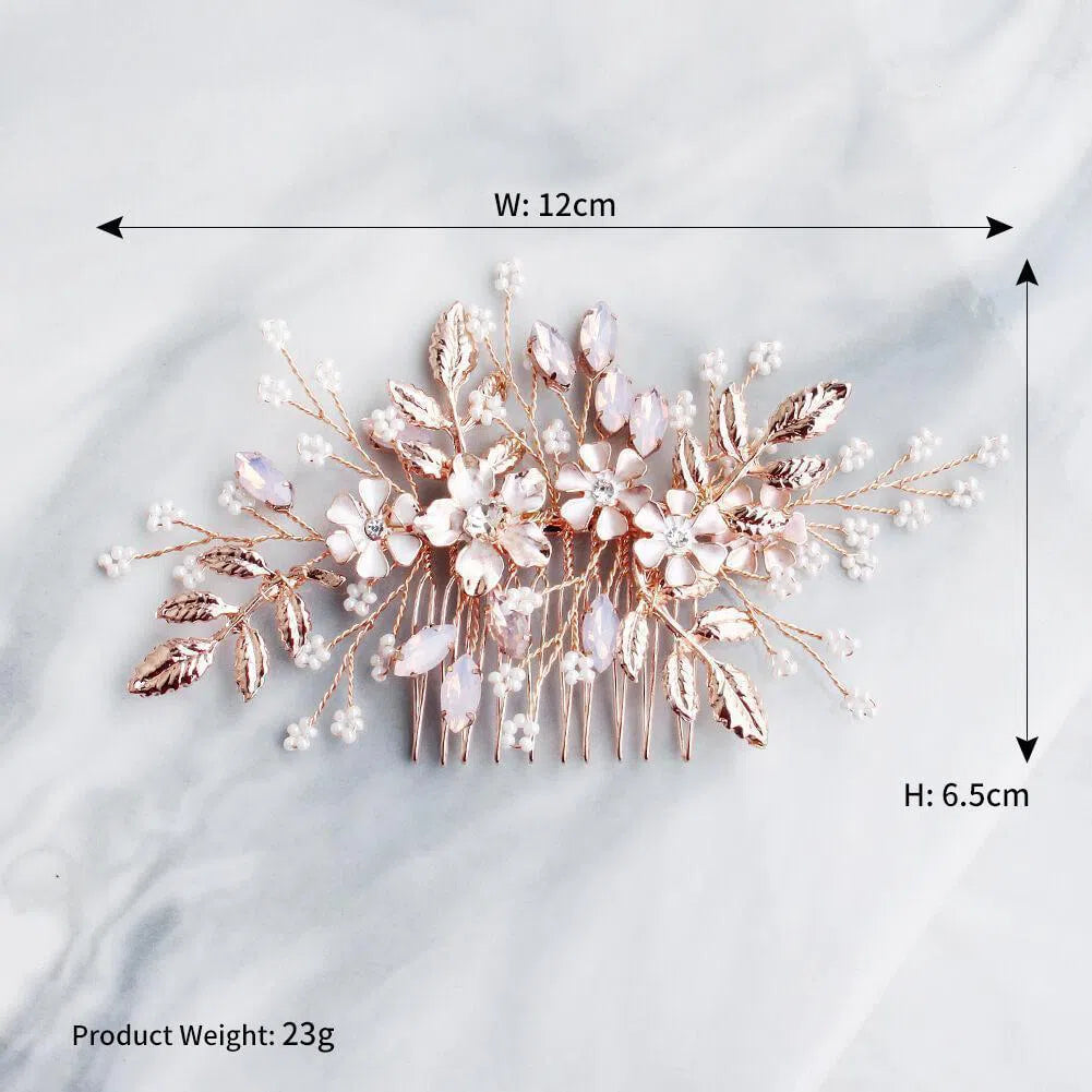 Gold Leaf Bridal Comb with Flower Sprays AC1064-Headpieces-Viniodress-Rose Gold-Viniodress