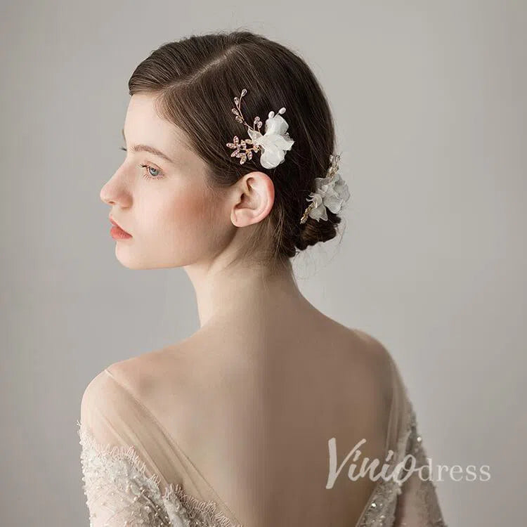 Ivory 3D Flower Gold Hairpin Pink Hairpins AC1211-Headpieces-Viniodress-Ivory-Viniodress