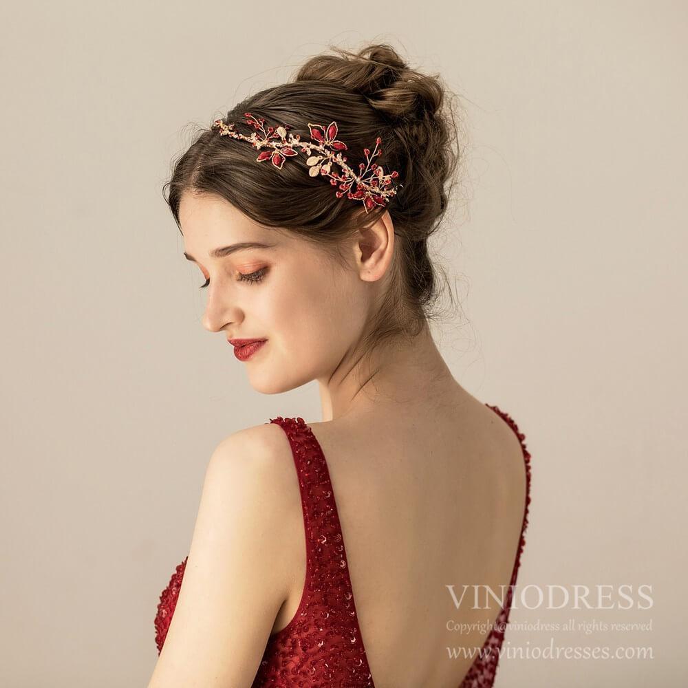 Light Gold and Burgundy Headpiece AC1221-Headpieces-Viniodress-Headband-Viniodress