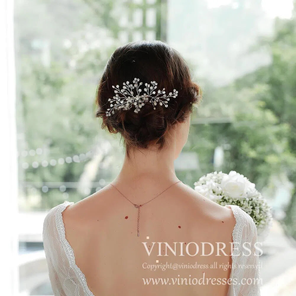 Pearl and Crystal Spray Bridal Comb AC1080-Headpieces-Viniodress-Silver-Viniodress