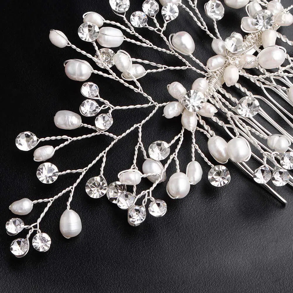 Pearl and Crystal Spray Bridal Comb AC1080-Headpieces-Viniodress-Silver-Viniodress