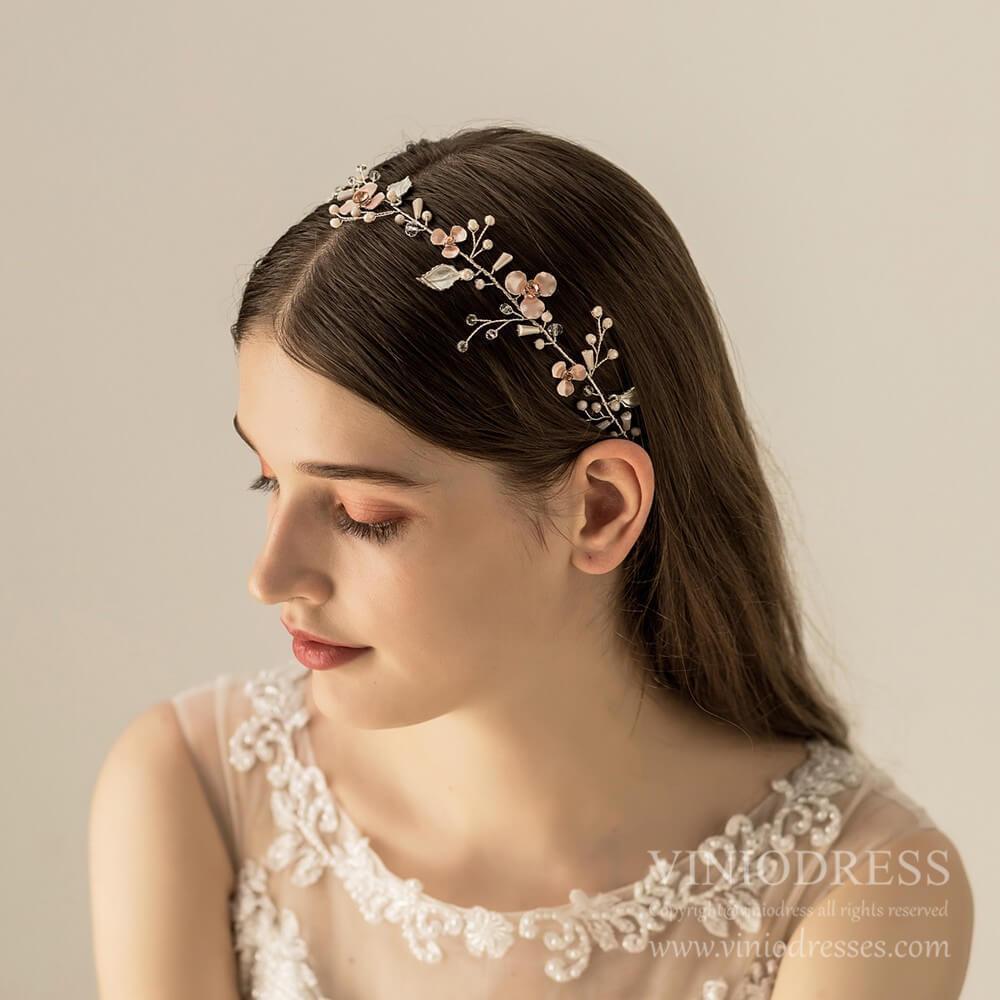 Rose Gold Floral Bridal Headband with Pearls AC1218-Headpieces-Viniodress-As Picture-Viniodress