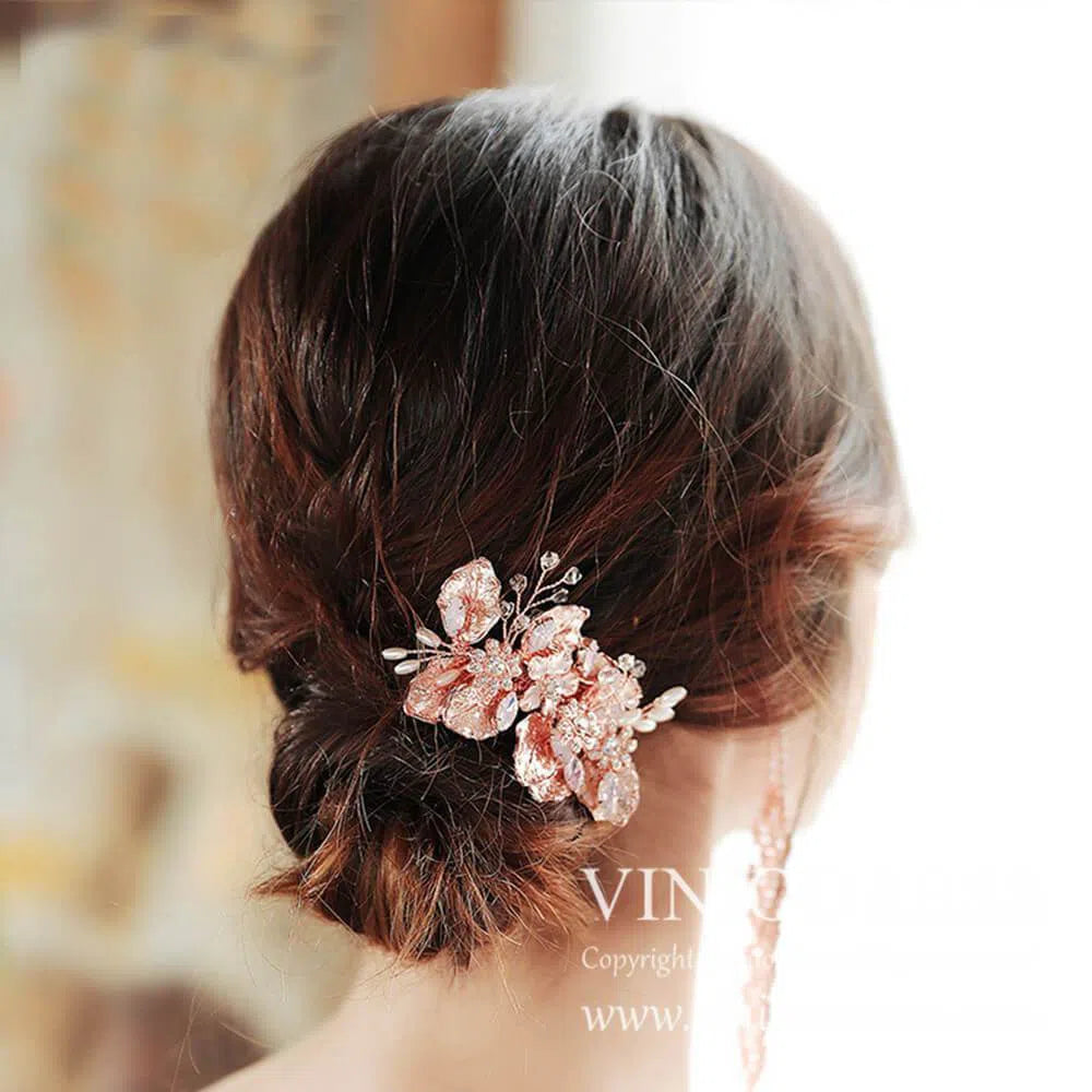 Rose Gold Metal Leaf Hair Comb with Pearls and Crystals AC1052-Headpieces-Viniodress-Rose Gold-Viniodress