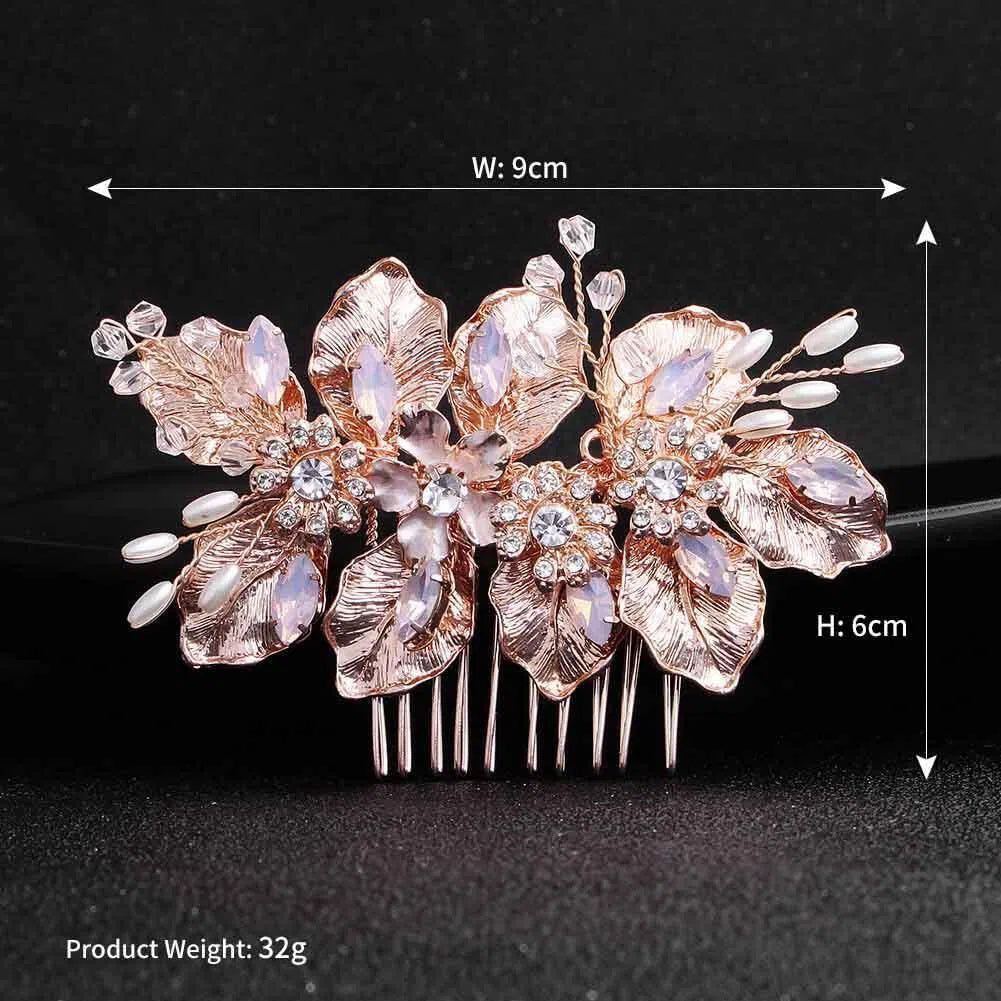 Rose Gold Metal Leaf Hair Comb with Pearls and Crystals AC1052-Headpieces-Viniodress-Rose Gold-Viniodress