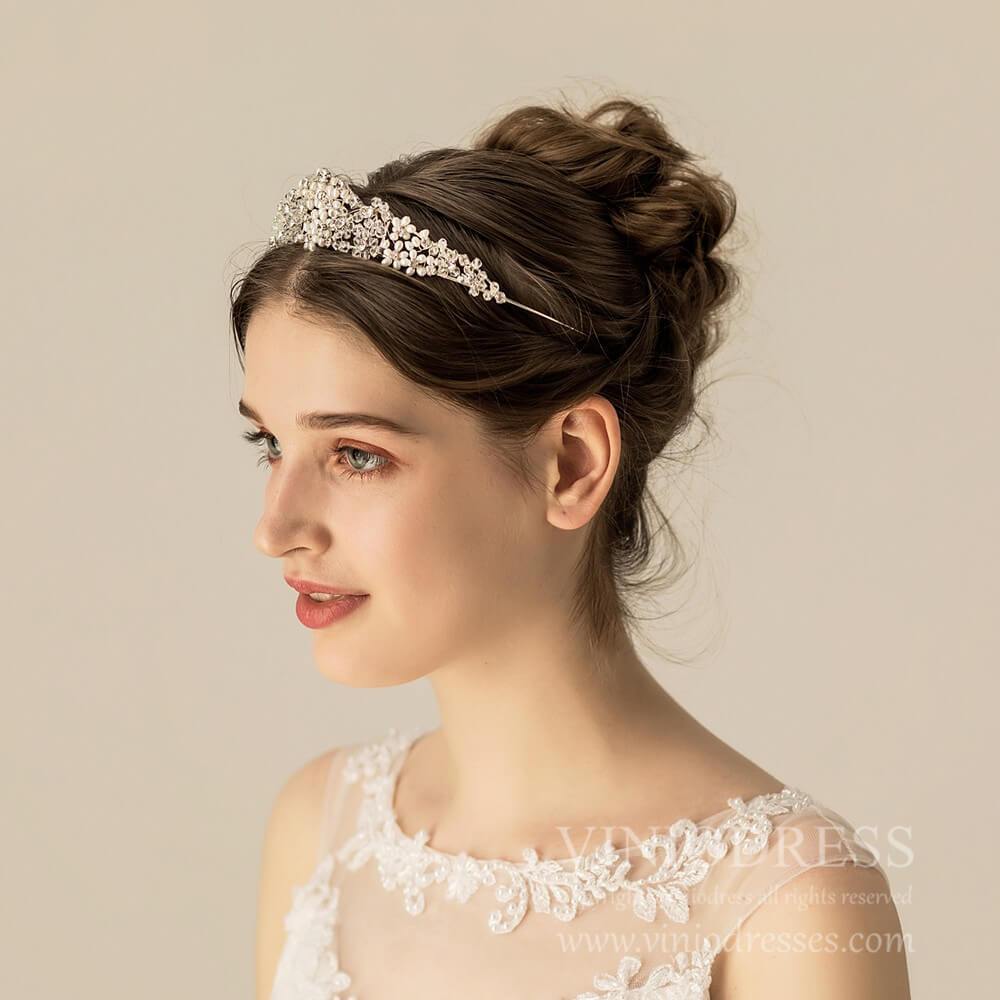 Silver Crystal Pearls Wedding Tiara AC1115-Headpieces-Viniodress-Viniodress