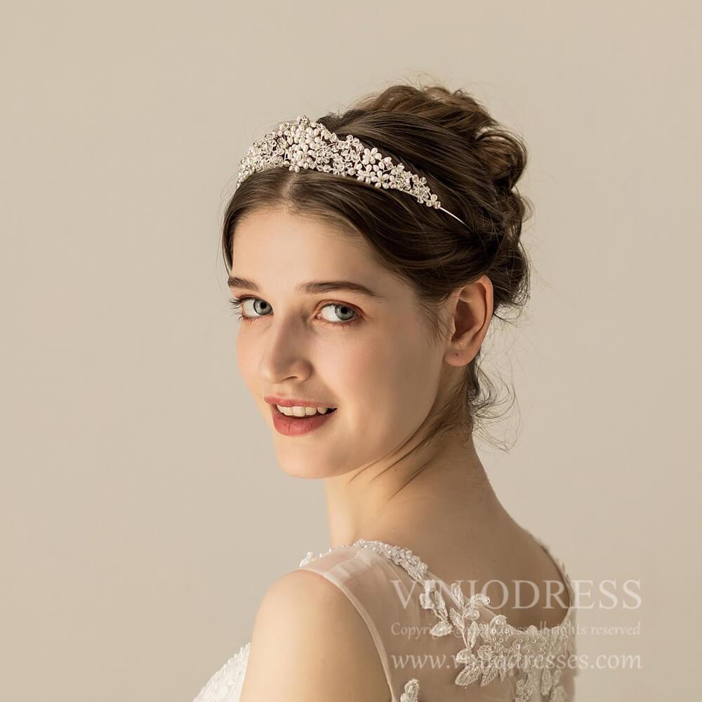 Silver Crystal Pearls Wedding Tiara AC1115-Headpieces-Viniodress-Viniodress