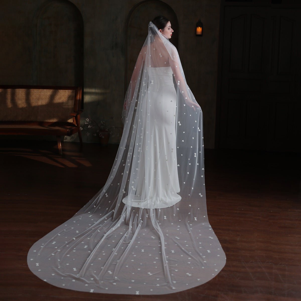 Heart Printed Tulle Bridal Veil Cathedral Length Viniodress V873-Bridal Veil 2025 -Viniodress-Ivory-300cm-