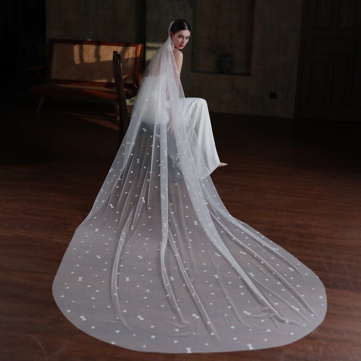 Heart Printed Tulle Bridal Veil Cathedral Length Viniodress V873-Bridal Veil 2025 -Viniodress-Ivory-300cm-