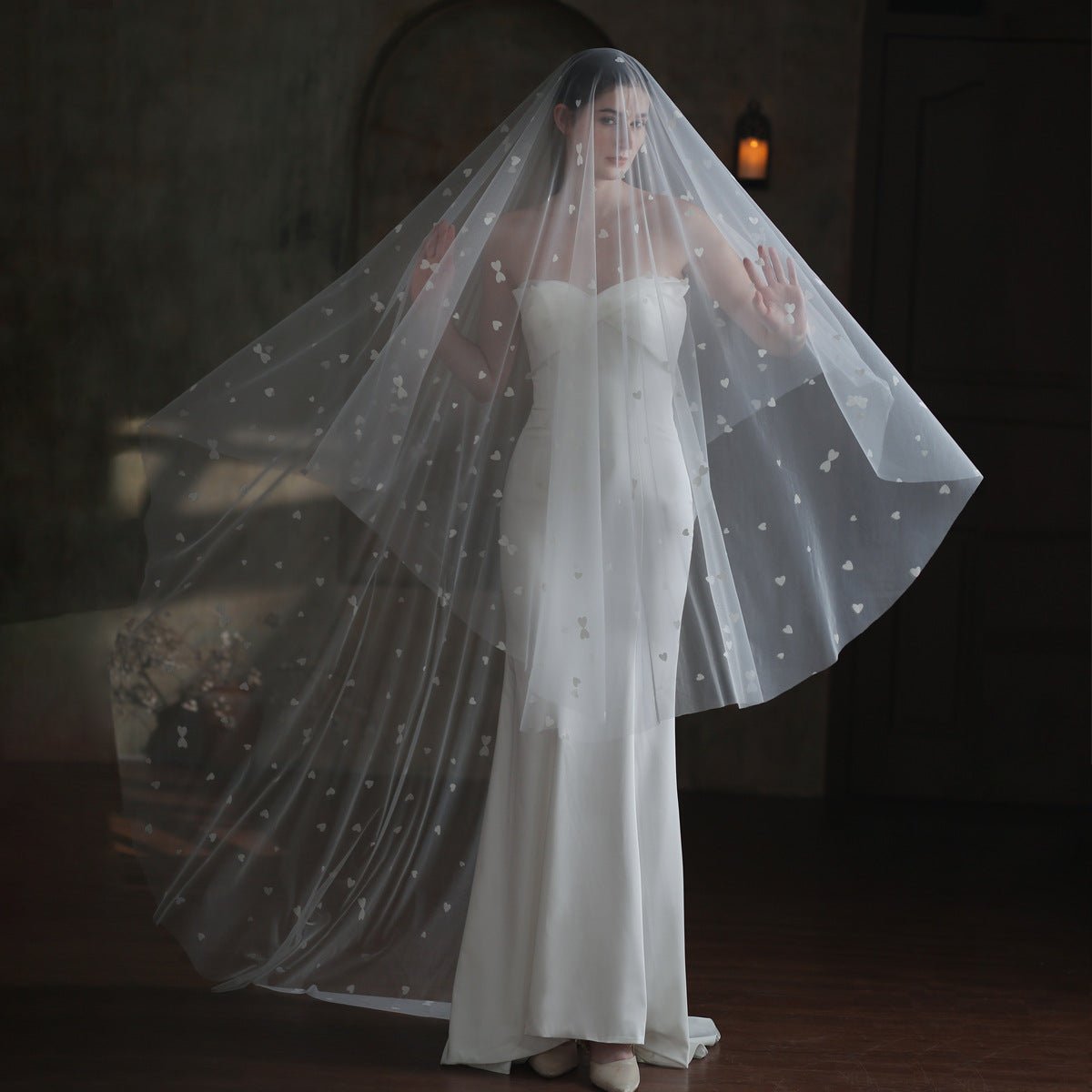 Heart Printed Tulle Bridal Veil Viniodress V857-Bridal Veil 2025 -Viniodress-Ivory-300cm-
