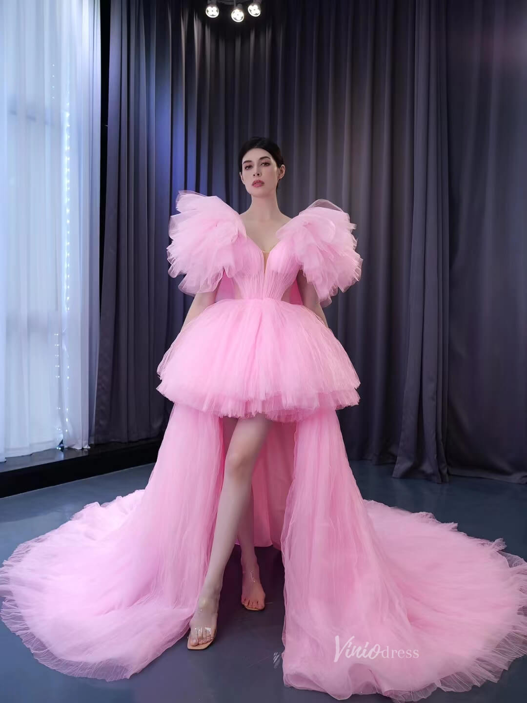 High Low Tiered Pink Pageant Dresses Ruffled Prom Gown 222131-wedding dresses 2025 -Viniodress-Pink-Custom Size-