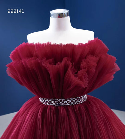 High Low Tulle Prom Dress Burgundy Ruffle Pageant Gown 222141-prom dresses 2025 -Viniodress-Burgundy-Custom Size-