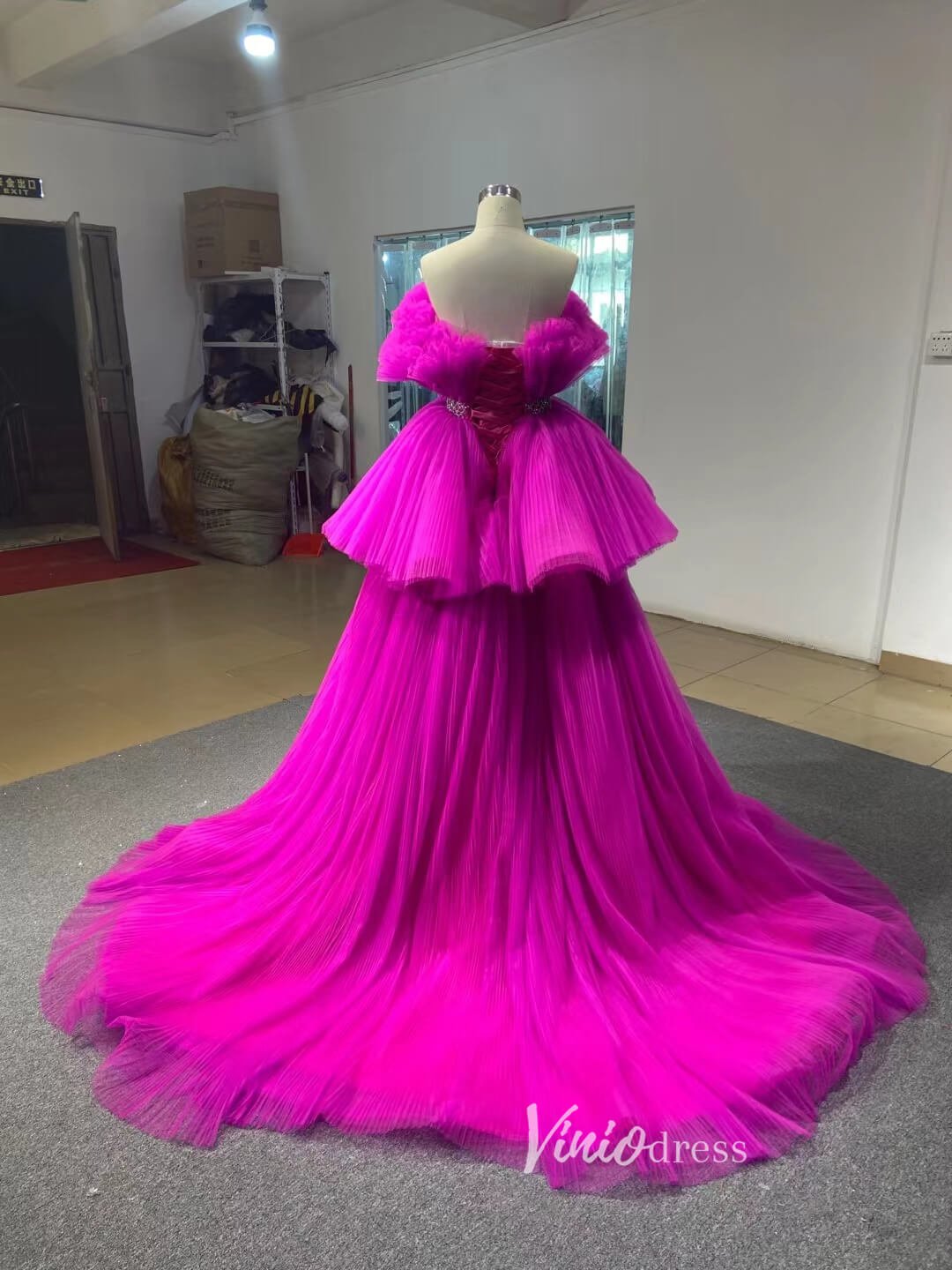 High Low Tulle Prom Dress Burgundy Ruffle Pageant Gown 222141-prom dresses 2025 -Viniodress-Burgundy-Custom Size-